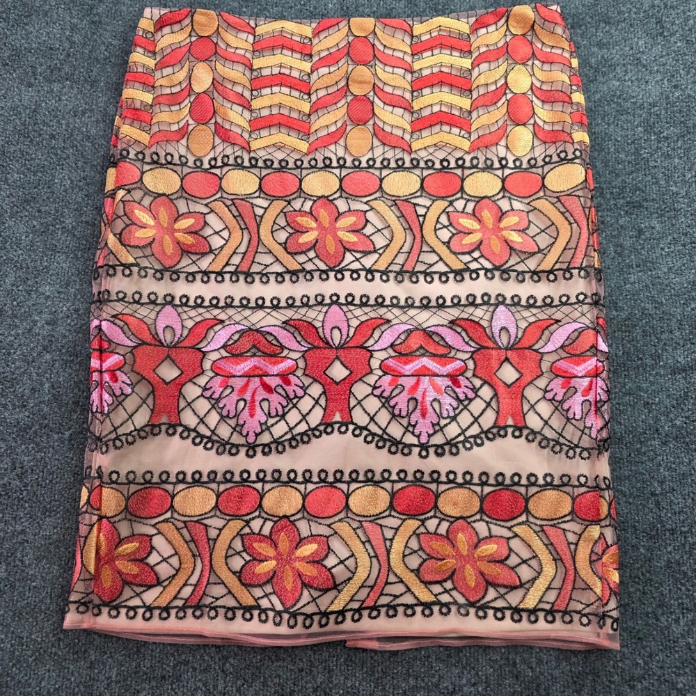 ECI New York Embroidered Mesh Pencil Skirt Floral Lace Overlay‎ 14 Orange Pink